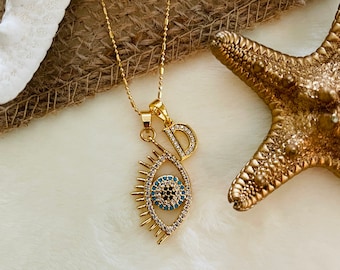 Evil Eye Necklace, Evil Eye Gold Initial Necklace, Dainty Eye Necklace, Evil Eye Necklace with eyelashes, Evil eye necklace silver