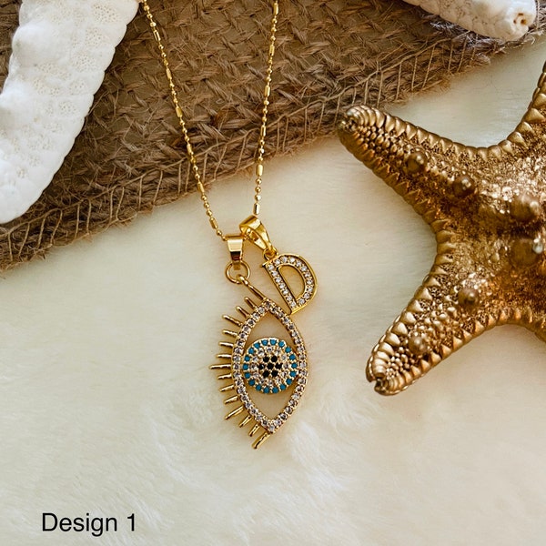 Evil Eye Necklace, Evil Eye Gold Initial Necklace, Dainty Eye Necklace, Evil Eye Necklace with eyelashes, Evil eye necklace silver