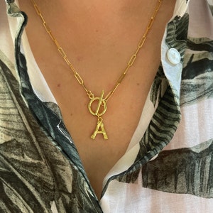 Paperclip Chain Necklace , Gold Link Chain Necklace, Bamboo Initial Necklace, Paperclip toggle Necklace, 18K Gold Initial Necklace