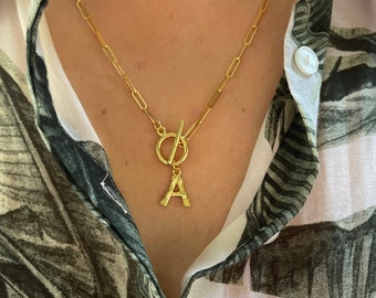 Paperclip Chain Necklace , Gold Link Chain Necklace, Bamboo Initial Necklace, Paperclip toggle Necklace, 18K Gold Initial Necklace