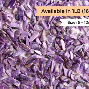 May include: A collection of polished purple gemstones, with a mix of shapes and sizes. The stones range from 5 to 10mm in size. The image includes text that says "Available in 1LB (16oz)".