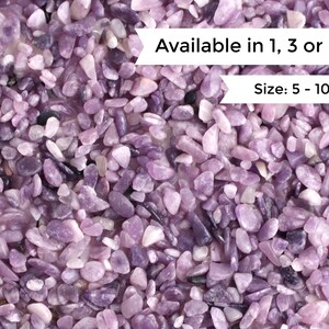 May include: A close-up of a pile of small, purple and white stones. The stones are various shapes and sizes, ranging from 5 to 10 millimetres. Available in 1, 3, or 8 ounces.