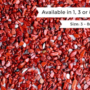 May include: Red gemstone chips, available in 1, 3, or 8 ounces. The chips are approximately 3 to 8 millimeters in size.