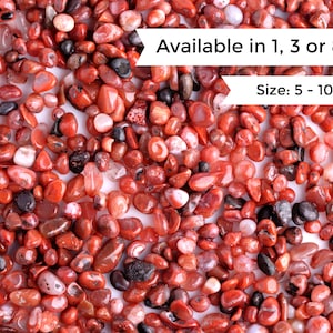 Puede incluir: Una imagen de primer plano de un montón de piedras de cornalina roja pulidas. Las piedras son de varios tamaños y formas, que van de 5 a 10 milímetros. Disponible en 1, 3 u 8 onzas.