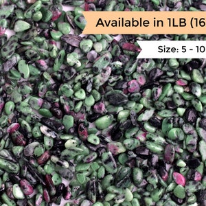 May include: A close-up view of a pile of tumbled stones. The stones are a mix of green, black, and pink, with a size range of 5-10mm. The text "Available in 1LB (16oz)" and "Size: 5 - 10mm" are visible.