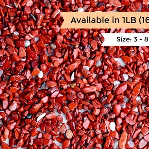 May include: A close-up image of a pile of red gemstone chips. The chips are various sizes and shapes, ranging from 3 to 8 millimeters. The text "Available in 1 LB (16oz)" and "Size: 3 - 8mm" is visible in the image.