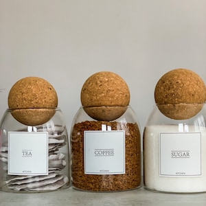 Tea Coffee Sugar Canisters Cork Ball Lid Jars Bamboo jar with tea coffee labels Glass Storage Jar Pantry Jars 500ml Tea Coffee Sugar Jar Set