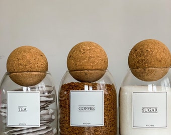 Tea Coffee Sugar Canisters Cork Ball Lid Jars Bamboo jar with tea coffee labels Glass Storage Jar Pantry Jars 500ml Tea Coffee Sugar Jar Set