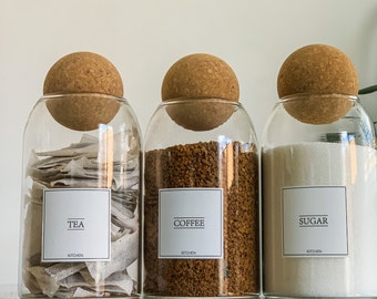 Tea Coffee Sugar Canisters Tea Sugar Coffee Containers Storage Glass Jars with Labels for Tea Sugar Coffee Cork Ball Lid Glass Storage Jars