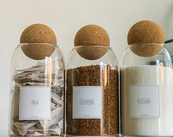 Tea Coffee Sugar Canisters Tea Coffee Sugar Storage Jars Glass Jars Canisters 800ml with Cork Ball Lid - Tea Coffee Sugar Jars with Labels