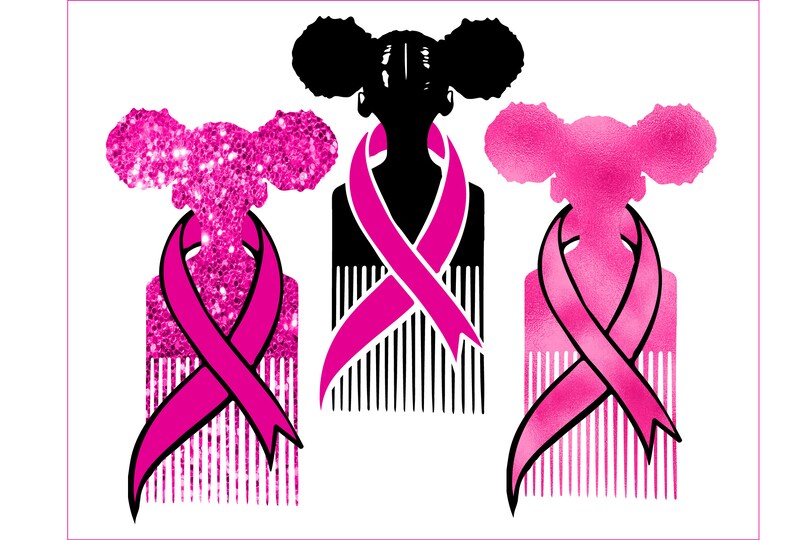 Afro peine, Pink Ribbon svg, Queen clipart African American Pink Cancer ...