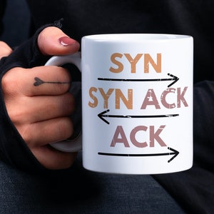 May include: White ceramic mug with the words "SYN", "SYN ACK", and "ACK" written in brown and orange with arrows pointing in different directions.