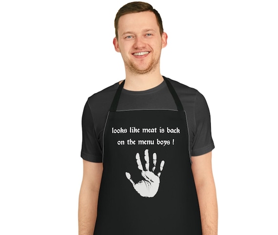 looks like meat is back on the menu boys kitchen apron | funny mens chef apron men's chef's apron | Lord of the Rings fan cookware cookout