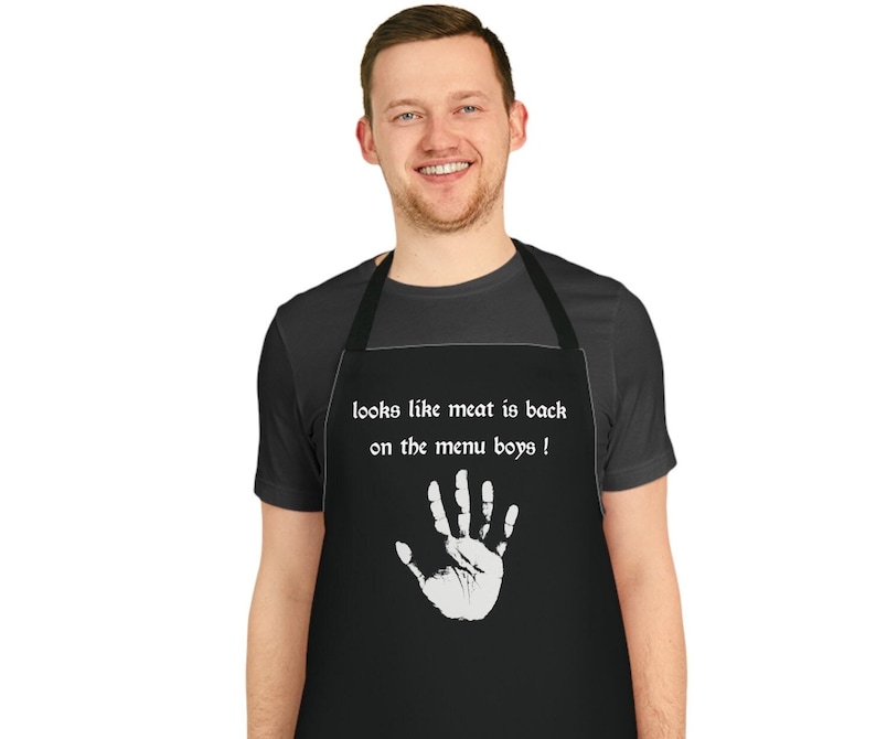 looks like meat is back on the menu boys kitchen apron | funny mens chef apron men's chef's apron | Lord of the Rings fan cookware cookout image 1