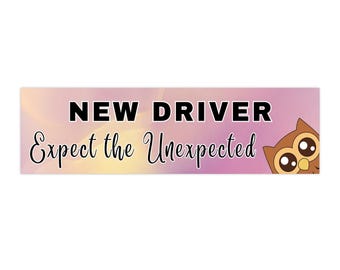 May include: A pink and yellow gradient background with the text "NEW DRIVER Expect the Unexpected" in black. A cartoon brown owl with big eyes peeks out from the right side of the image.
