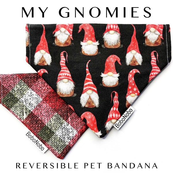 Christmas Gnome Reversible Dog Bandana, Red and Green Plaid Holiday Pet Scarf, Gnome Puppy Bandana, Winter Pet Neckwear, X-mas Cat Bandana