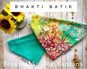 Batik Reversible Dog Bandana, Turquoise Over the Collar Pet Scarf, Floral Puppy Accessory, Cat Collar Slip On Bandana, Summer Dog Neckwear
