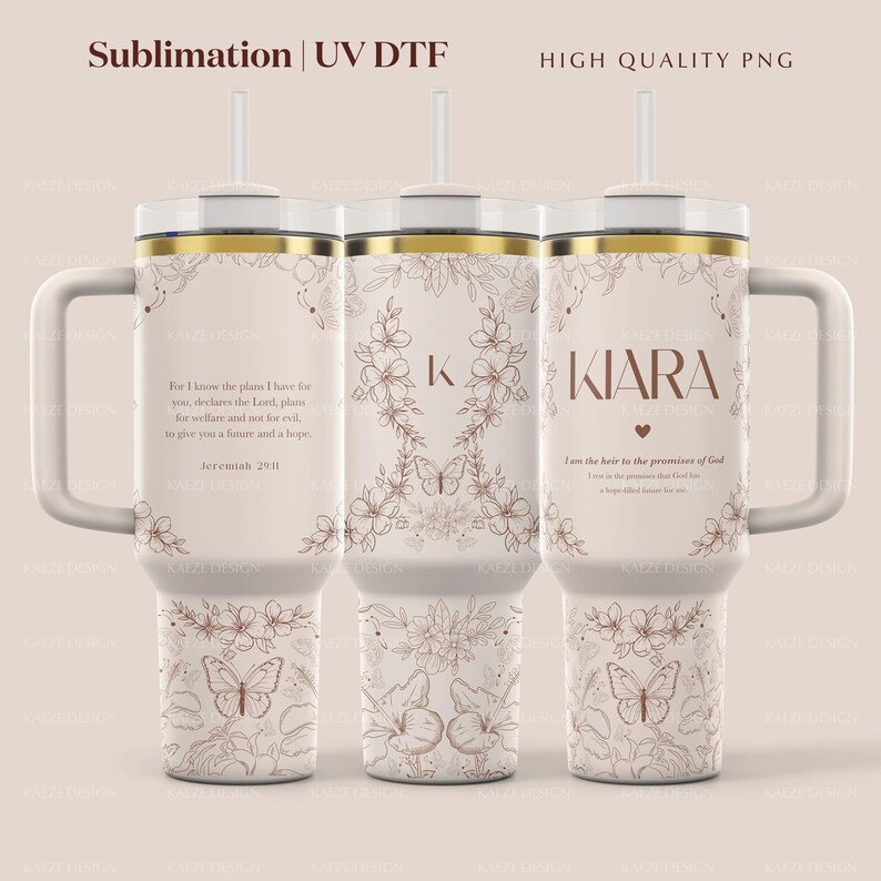 Custom 40oz Stanley Tumbler Wrap, Christian Merch Design Stanley Quencher Full Wrap with Floral Design, Bible Verse Personalized Custom Laser Engraving UV DTF and Sublimation Tumbler Wrap Modern Elegant Design in PNG and SVG for POD Commercial Use