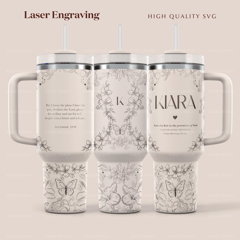 Custom 40oz Stanley Tumbler Wrap, Christian Merch Design Stanley Quencher Full Wrap with Floral Design, Bible Verse Personalized Custom Laser Engraving UV DTF and Sublimation Tumbler Wrap Modern Elegant Design in PNG and SVG for POD Commercial Use