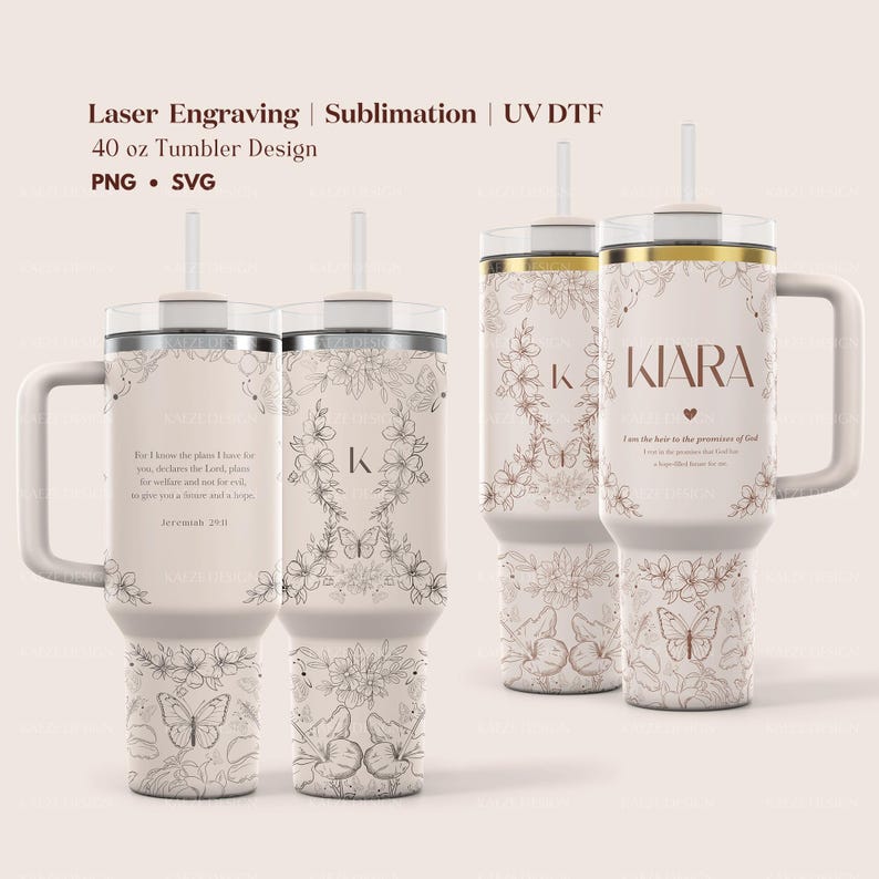 Custom 40oz Stanley Tumbler Wrap, Christian Merch Design Stanley Quencher Full Wrap with Floral Design, Bible Verse Personalized Custom Laser Engraving UV DTF and Sublimation Tumbler Wrap Modern Elegant Design in PNG and SVG for POD Commercial Use