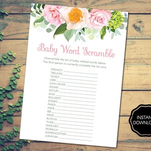 Floral Baby Word Scramble, Virtual Baby Shower Word Scramble Game, Zoom Baby Shower Game, Fun Baby Shower Games Printable | Digital File
