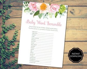 Floral Baby Word Scramble, Virtual Baby Shower Word Scramble Game, Zoom Baby Shower Game, Fun Baby Shower Games Printable | Fichier numérique