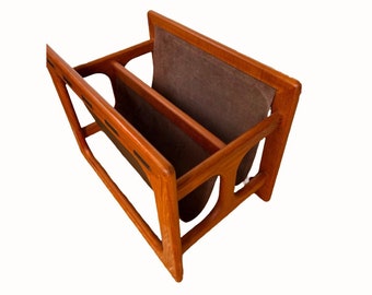 rare Teak wood, leather Danish Midcentury modern magazine, newspaper, record holder 60s, 70s, scandi japandi style vintage furniture