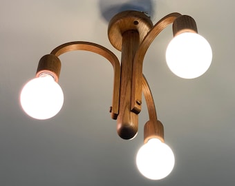 Domus Teak wood ceiling Lamp 60&#39;s, 70&#39;s midcentury 3 lightbulbs lamp from Domus, vintage wood lamp, Danish style German lighting