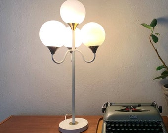 Richard Essig tafellamp, space age, spoetnik, jaren 70, vintage lamp, midcentury bureaulamp, 4x opaalglas, witmetalen frame met gouden detail