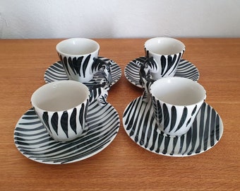 set of 4 Zebra Coffee Mug Cups, Hand painted ceramic, capacity 100 ml, vintage cup, midcentury set, 60s 70s