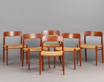 1 van 6 Niels Otto Møller stoel Deense Teak stoelen, Model 75, jaren 60, Midcentury meubilair, designer eetkamerstoel, gemaakt in Denemarken, boho scandi