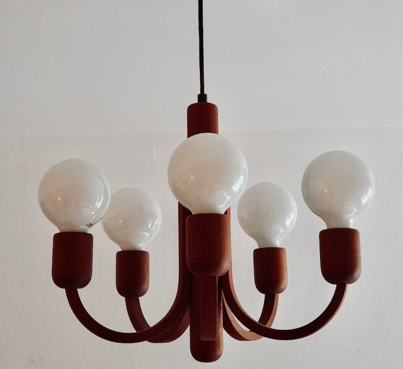 Domus chandeliers Teak wood Lamp 60's midcentury 5 lightbulb, Vintage lighting, Danish Style design, hanging lamp, boho lamp, german image 3