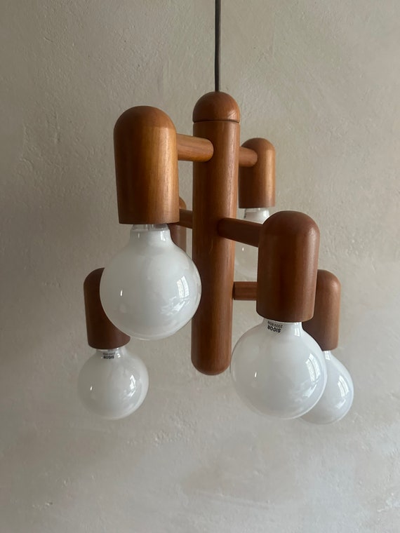 Temde Chandelier, Teak Wood Lamp 60's 70's Midcentury 6 Temde Chandelier, Teak Wood Lamp 60's 70's Midcentury 6