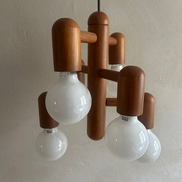 Temde chandelier, Teak wood Lamp 60's 70's midcentury 6 lightbulbs, Vintage lighting, Danish Style design, hanging lamp, boho srtyle lamp