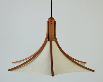 1 of 2 Domus Teak wood Lamp midcentury with leinen cover lights chandelier, boho, scandi, japandi style lighting, vintage furniture