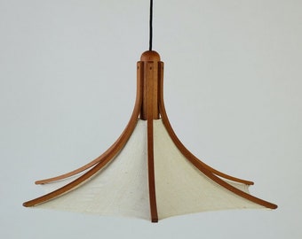 1 of 2 Domus 2415 Teak wood Lamp midcentury with leinen cover lights chandelier, boho, scandi, japandi style lighting, vintage furniture