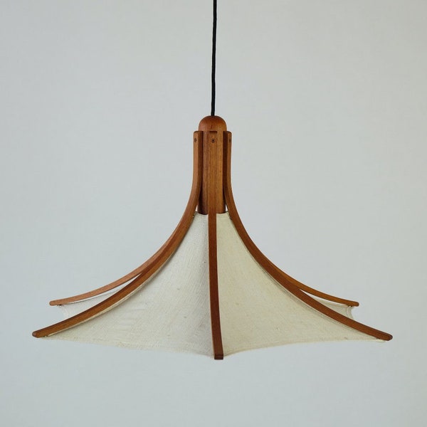 Lampe en bois de teck Domus 2415 du milieu du siècle avec lustre en lin, bohème, scandi, éclairage de style japandi, meubles vintage