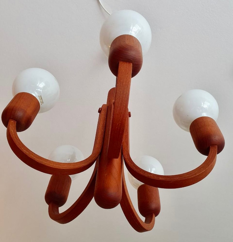 Domus chandeliers Teak wood Lamp 60's midcentury 5 lightbulb, Vintage lighting, Danish Style design, hanging lamp, boho lamp, german image 4