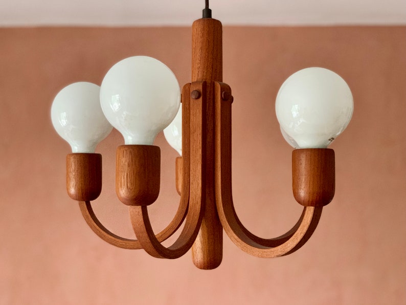 Domus chandeliers Teak wood Lamp 60's midcentury 5 lightbulb, Vintage lighting, Danish Style design, hanging lamp, boho lamp, german image 1
