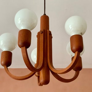 Domus chandeliers Teak wood Lamp 60's midcentury 5 lightbulb, Vintage lighting, Danish Style design, hanging lamp, boho lamp, german image 5