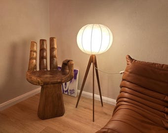 Cocoon Tripod Floor Lamp | 1960s-70s Mid Century Space Age Standing Lamp | Vintage Fiberglass Globe & Wood Light