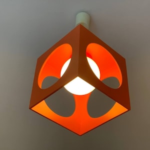 1 of 2 Sputnik style space age Ceiling German lamp 70s MidCentury pendant opal glass bulbs Richard Essig, wood frame, orange color, lighting