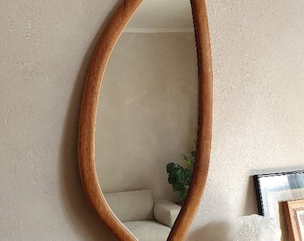 Eye shape Mirror, leaf shape Midcentury modern teak wood Mirror, vintage item, Danish, scandi, japandi, bohemian style, 60s 70s design