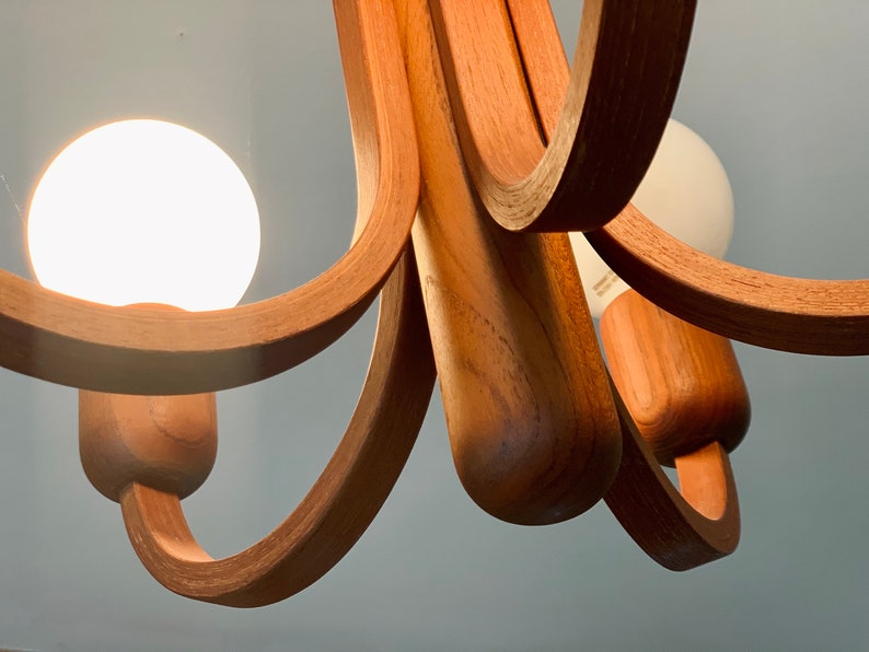 Domus chandeliers Teak wood Lamp 60's midcentury 5 lightbulb, Vintage lighting, Danish Style design, hanging lamp, boho lamp, german image 2