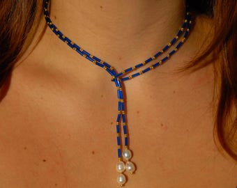 Handmade Wrap Beaded Necklace with Freshwater Pearl | &quot;Sapphire&quot;