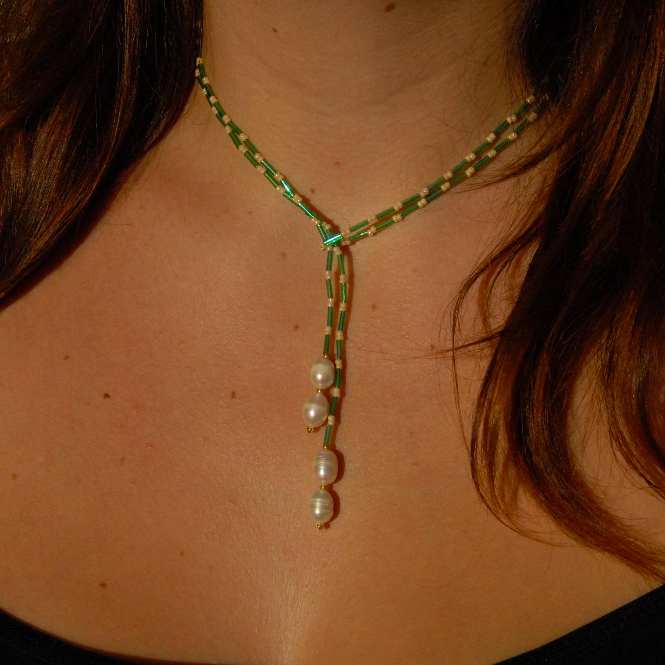 Handmade Wrap Beaded Necklace with Freshwater Pearl | "Emerald"