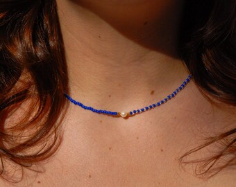 Handmade Beaded Blue and White Choker with Freshwater Pearl | &quot;Sailor&quot;