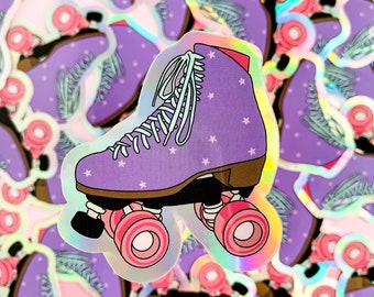 May include: A purple roller skate with white stars and a light blue lace. The wheels are pink and black. The skate is a sticker with a holographic finish.