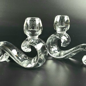 Vintage 1960&#39;s - Pair - Clear Glass Crystal Candlestick Holders- Beautiful Shape