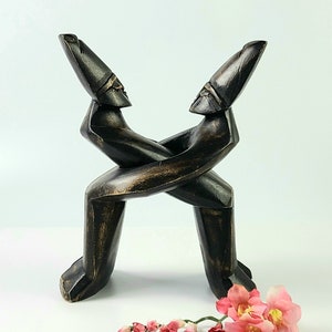 Vintage - Wooden 2 People Statue-Hand-carved/ Handmade - Ghana